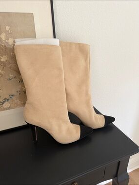 RAYE Beige and Black Suede Mid-Calf Pointed-Toe Boots